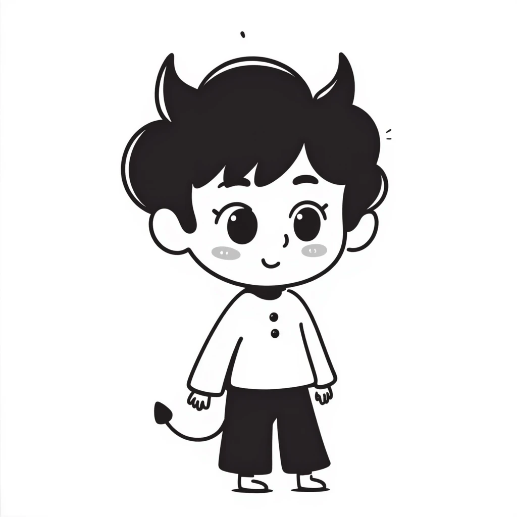 hand-drawn chibi demon with big innocent eyes, small pointy tail, and adorable expressive face emoji
