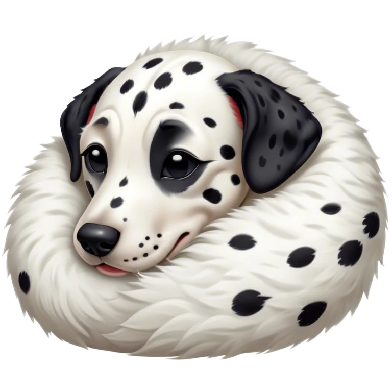 Meme-Worthy Cute Sleeping Spotted Dalmatian Portrait Emoji, Head resting peacefully with a contented smile, showcasing a delightfully majestic build and a luxuriously soft Fur of predominantly white with bold black patches, eyes shut in a serene nap, Simplified yet hilariously adorable features, highly detailed, glowing with a soft, drowsy light, high shine, relaxed and utterly lovable, stylized with an air of playful laziness, bright and heartwarming, soft glowing outline, capturing the essence of a comically sleepy guardian, so meme-worthy it feels like it could instantly become the next viral sensation of adorable slumber! emoji