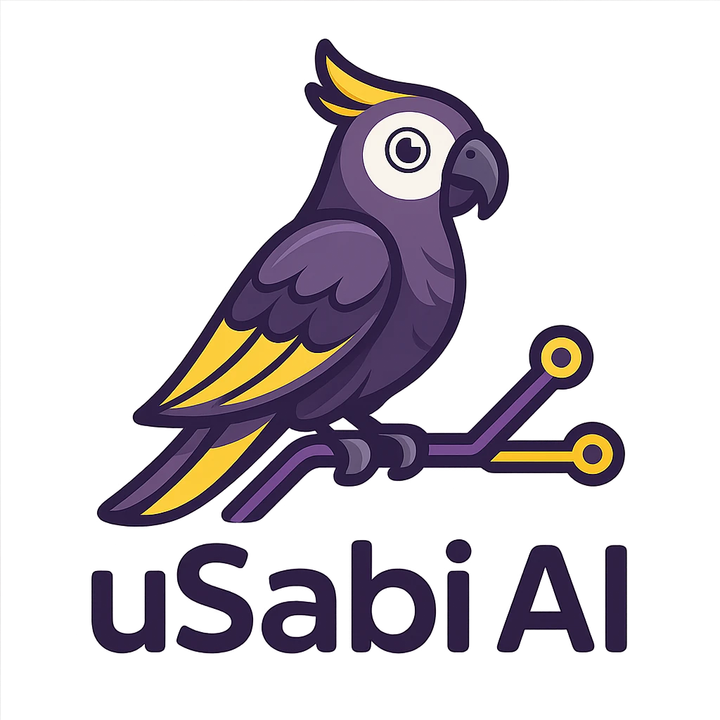 stylized Nigerian parrot mascot for 'uSabi AI' perched on a digital branch with purple and yellow highlights, sleek, modern, and friendly style emoji