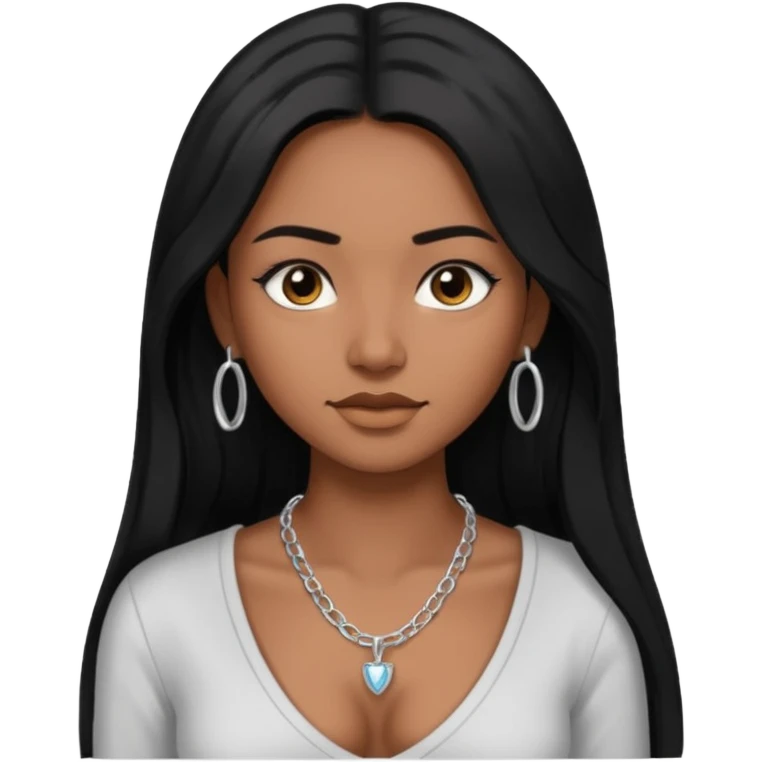 Brown skin girl with long black hair with 4 edges 2 on each side wearing a v-cut neckline shirt with a silver necklace emoji