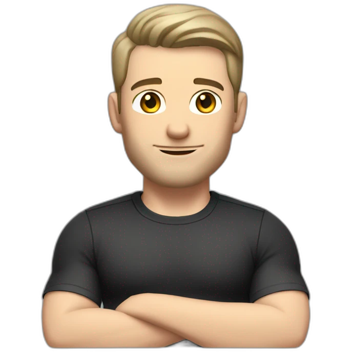 Pale skinned Fit Man With the biceps and dark brown hair in black shirt, gray sports shorts and white Sneakers Sitting on a chair emoji