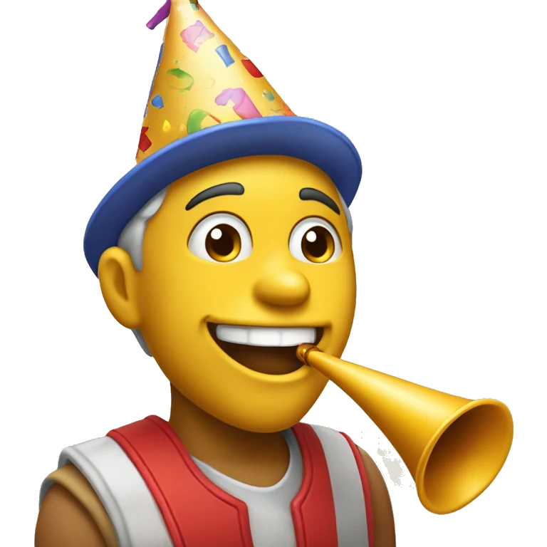 Create an yellow emoji featuring a person joyfully wearing a birthday hat and enthusiastically blowing a birthday whistle, capturing the festive spirit of celebration emoji