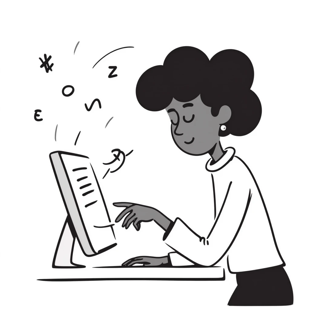 doodle style black woman coding with hand-drawn lines, playful emoji