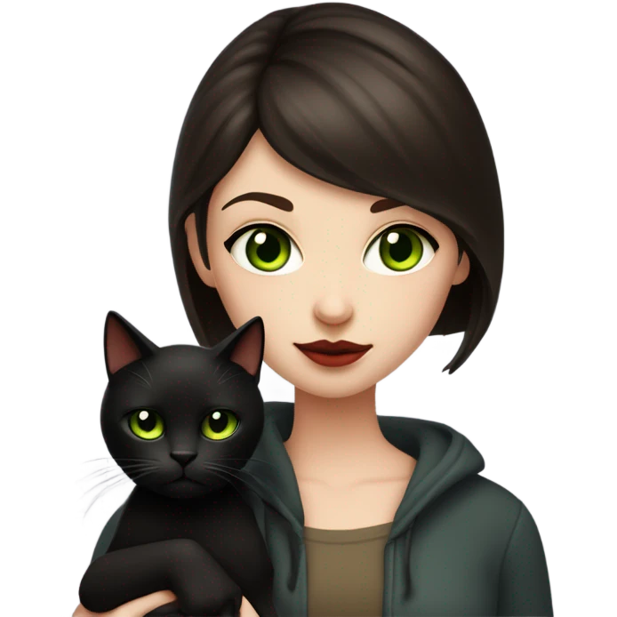 A teenage girl with white skin, she have some green hazel eyes, red lipstick, mid long straight dark brown hair, she have an eyeliner and she is holding a black cat in her arms, view from close emoji