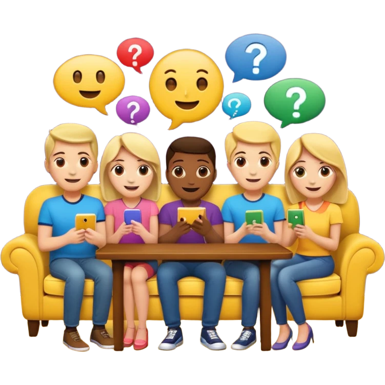 group of friends on couch playing a trivia game couch should be deep dark yellow color.  include a small wooden table in front of the couch as well.  Add smiling face emoji and question marks above their heads emoji