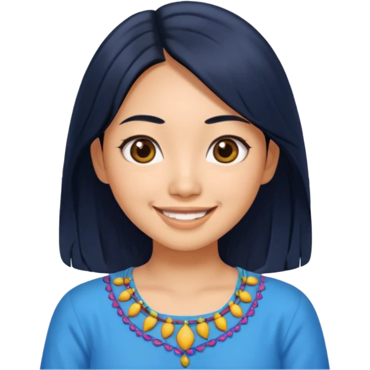 30 yr old asian woman center parted hair big eyes big smile tanned skin straight black hair hippie part hair blue blouse emoji