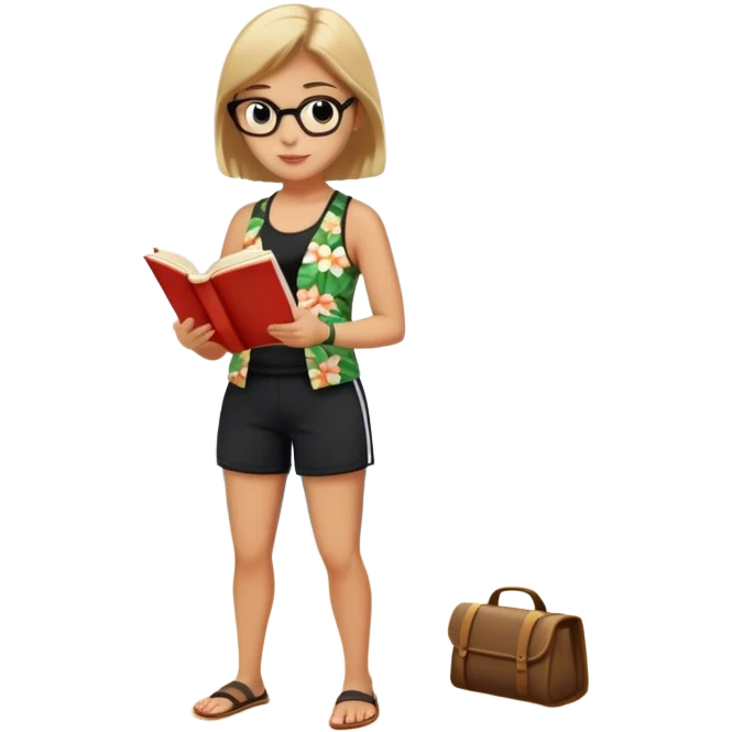 librarian at the beach with black shorts and hawaiin tank top reading a book emoji