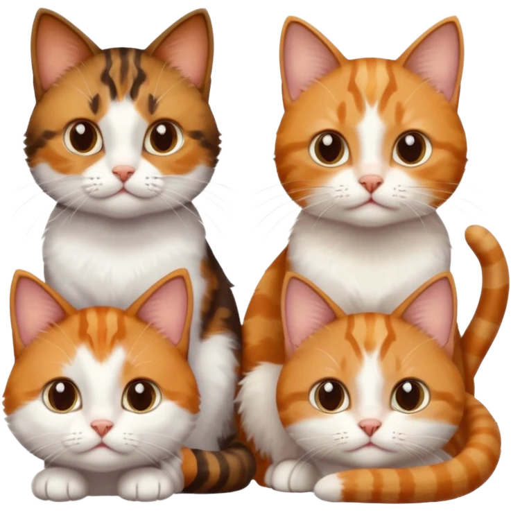 3 small cats each are different colours including a brown tabby and white, a patchy calico, and a ginger and white emoji