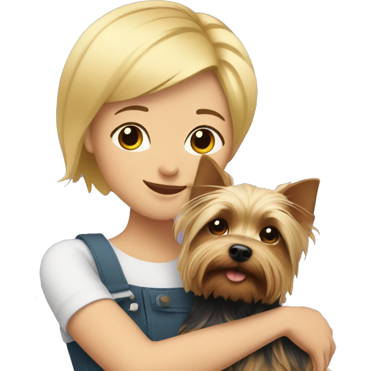 Blonde with short hair hugs a Yorkshire terrier emoji