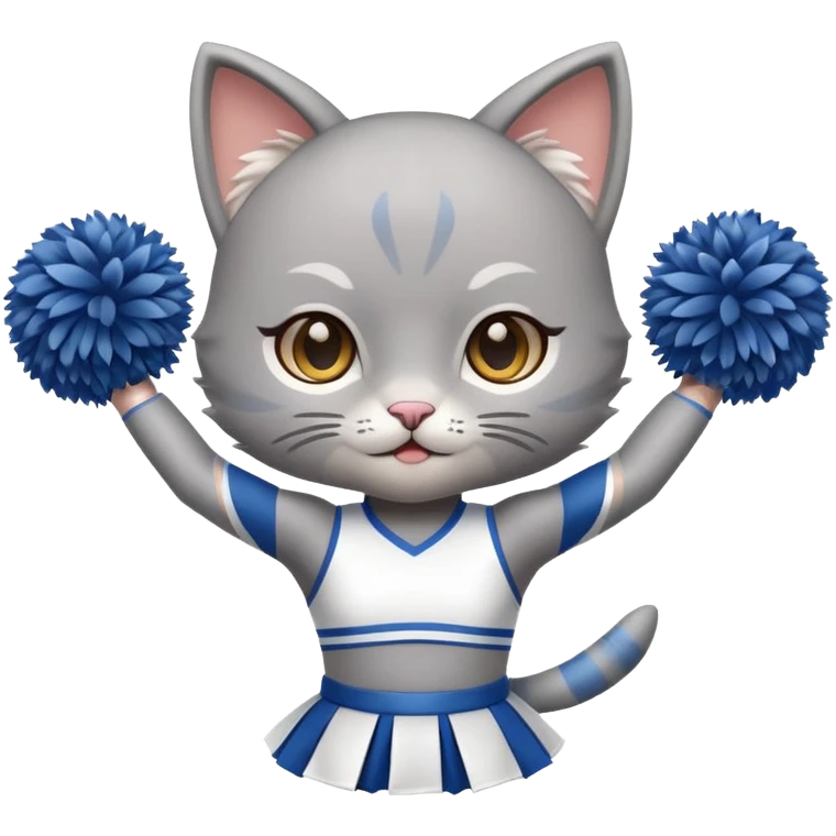 A cute chibi sleek grey cat cheerleader twirling pom-poms with confident energy. emoji
