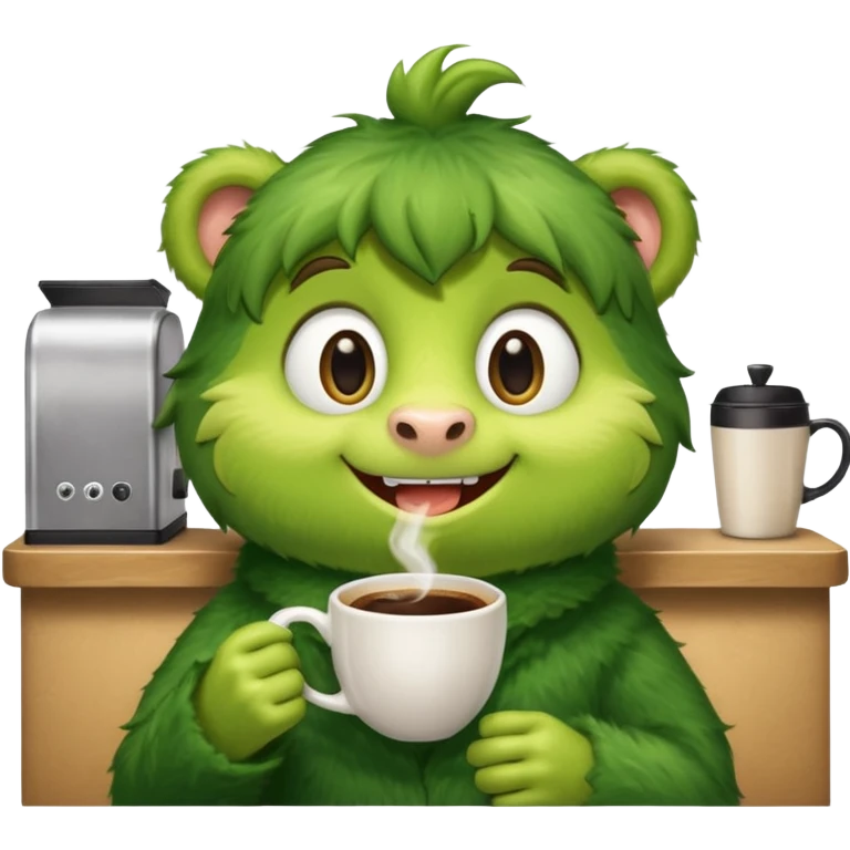 Cut the Rope's Om Nome in barista's suite with a cup of cofee emoji