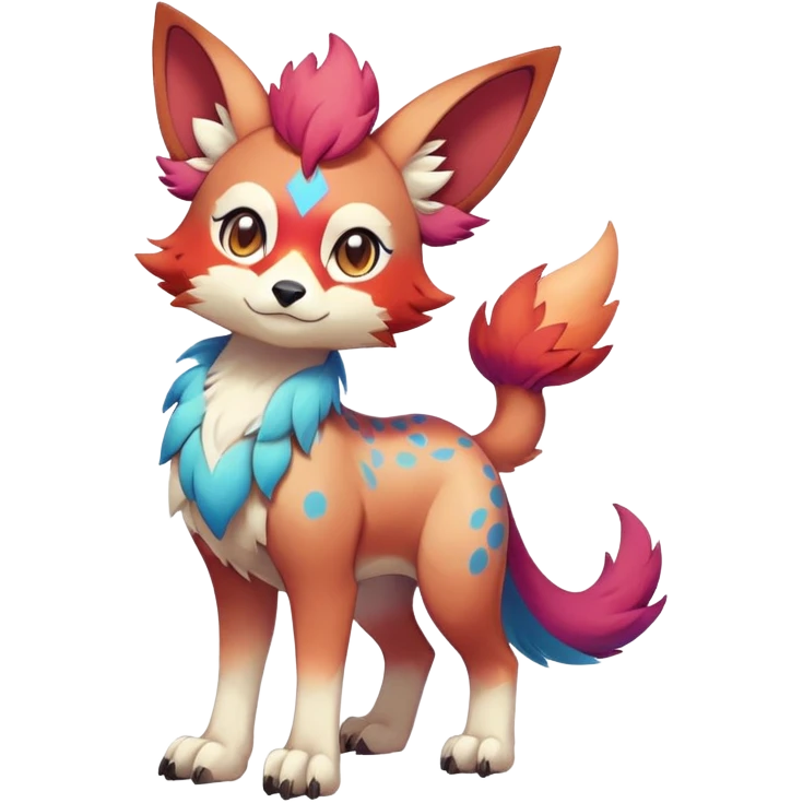 Vibrant Male multi-colored cute cool anime-styled Falvie-Fionbri-fantasy-creature-Fakémon-Pokémon, full body, with random markings emoji
