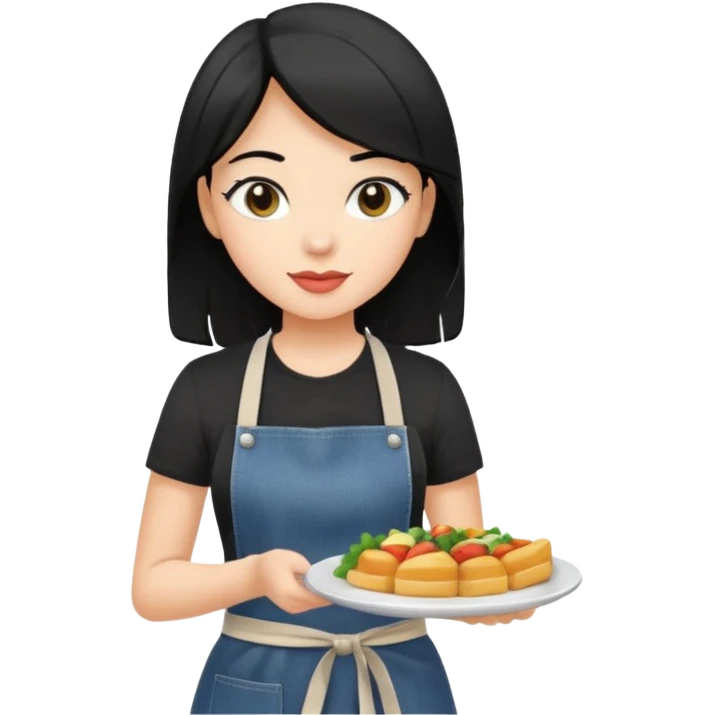 waitress with black hair and a food plate with a black tshirt and ª jeans apron emoji