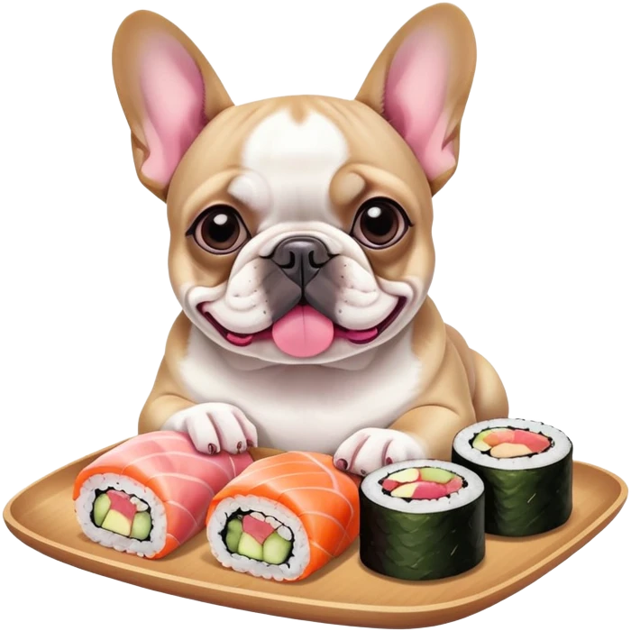 милый французкий бульдог кушает роллы emoji
