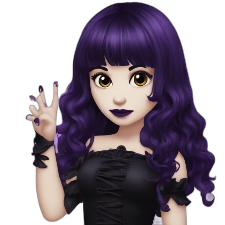 Elissabat -with bangs -long-hair-dark-plumpurple-and-black-vampire-goth-makeup-pinkeyes-romanticgothcloses-do a midele finger emoji