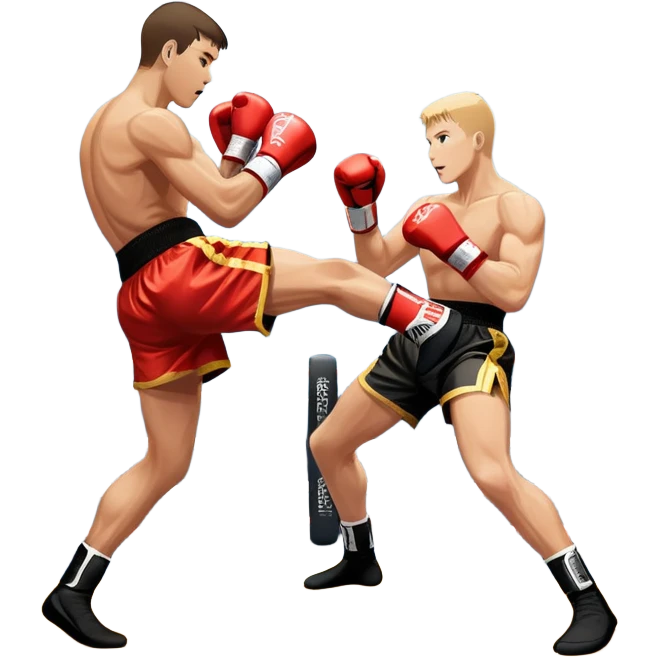 An icon showcasing a high-energy kickboxing match. Two fighters in action, one delivering a powerful roundhouse kick while the other defends with gloves raised. The background features a professional ring with bright lights and a cheering crowd. Transparent background. emoji