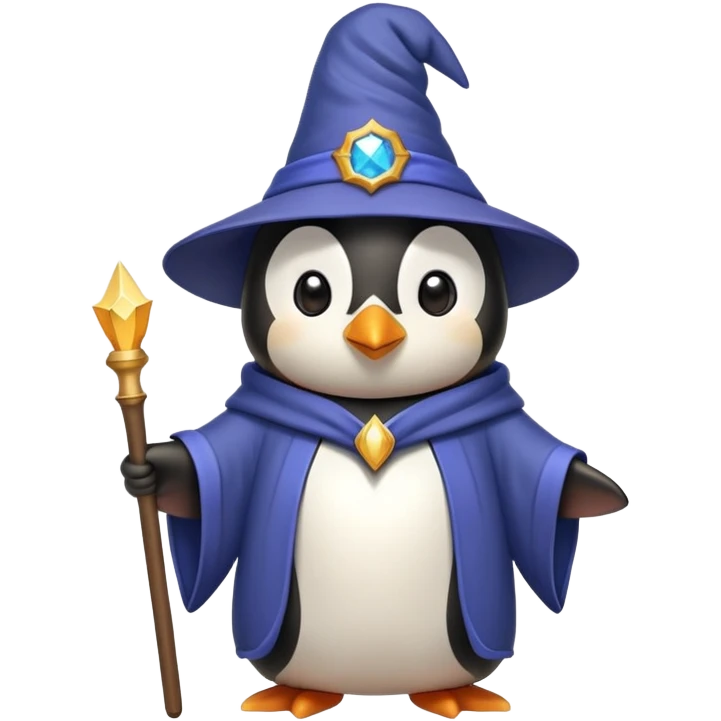 penguin wearing a wizard hat and robe, holding a magic wand emoji