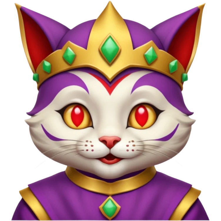 crazy colorful cute little cat jolly joker from poker, medieval, vintage, court jester, mac os icon, purple, gold and red color, half body emoji