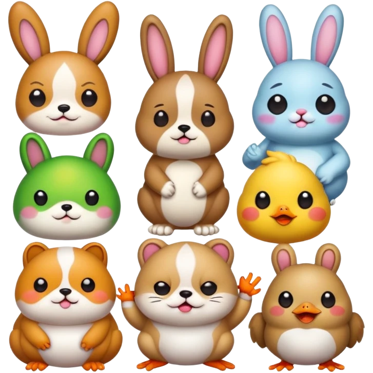 Cute funny animal stickers: chubby dog, grumpy cat, silly bunny, peace-sign frog, chick with drumstick. Colorful cartoon, big heads, kawaii faces, white outline, transparent background. emoji