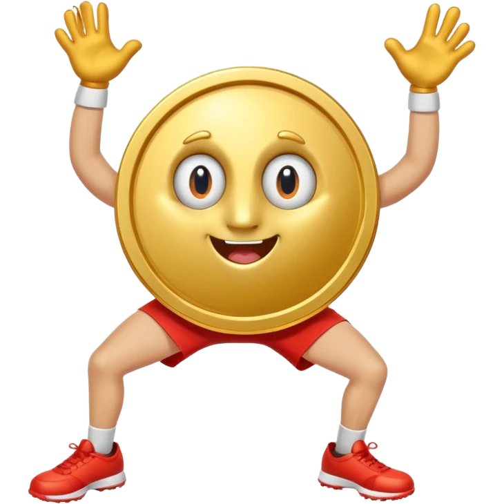 coin mascot with eyes, mouth, arms and legs. playing sports emoji