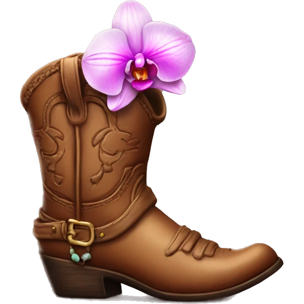 Brown cowgirl boot vase with orchid sticking out of it emoji