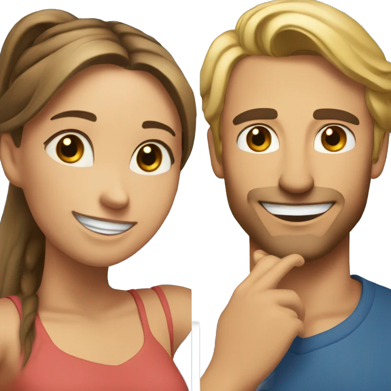 Woman and man smiling, woman has straight Brown hair in a ponytail, slightly sunkissed skin, man has blonde long hair in a ponytail, slightly sunkissed skin emoji