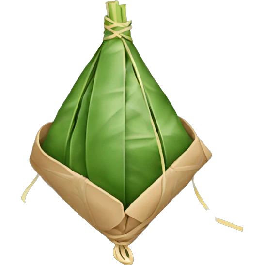A traditional Chinese zongzi, wrapped , in a triangular shape. The zongzi is wrapped by bamboo leaves and tied with a string.  emoji