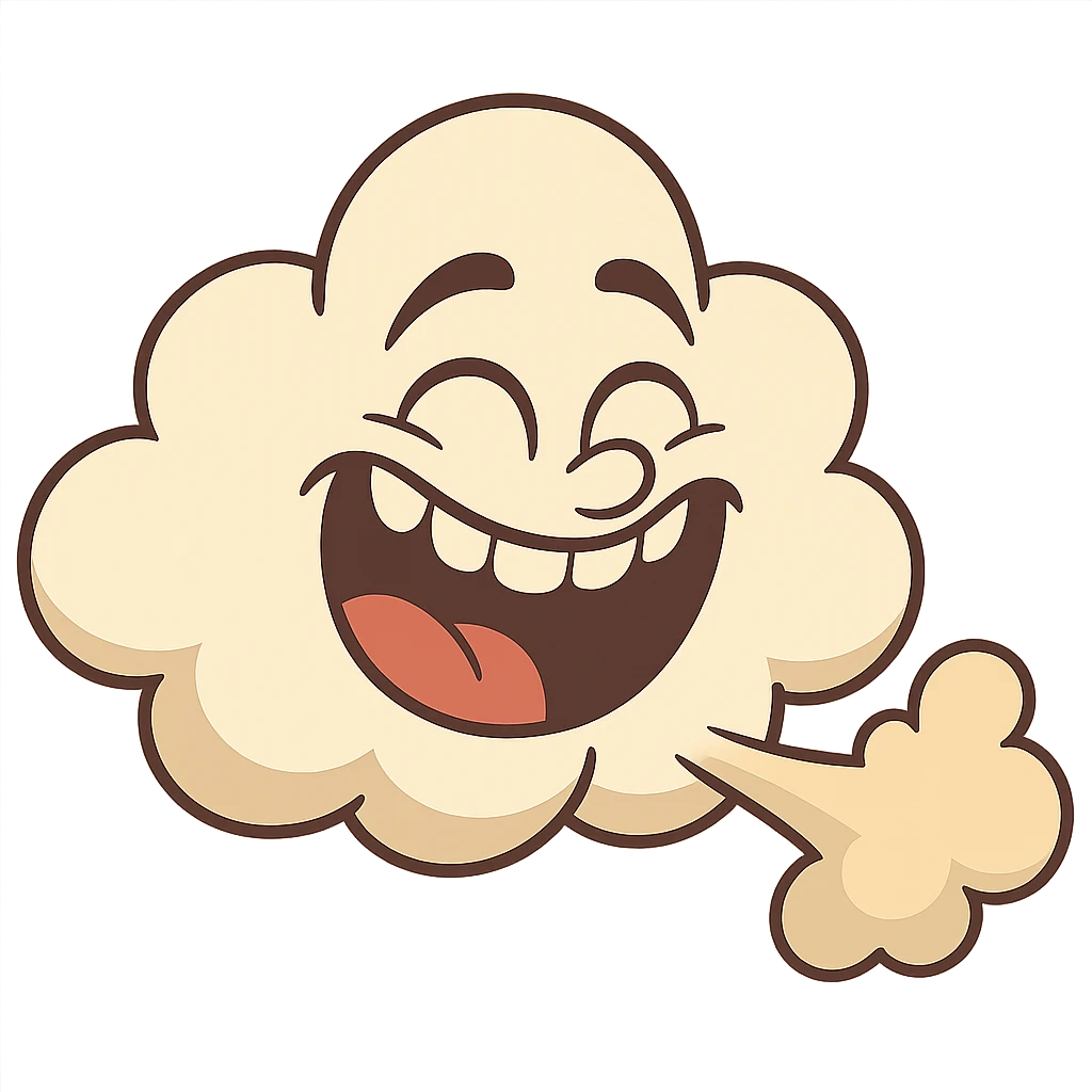 a puffy cloud with expressive eyes and a huge grin, representing a laughing fart emoji