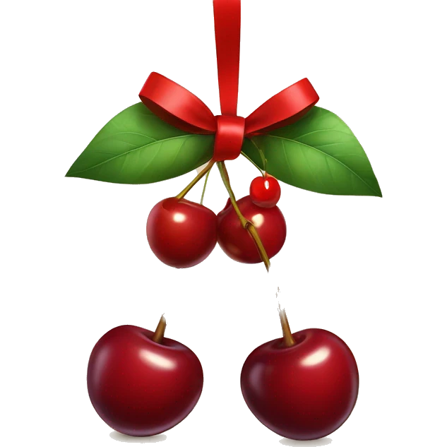 An emoji of two cherries hanging from a ribbon bow, with the cherries dangling below the tied bow emoji