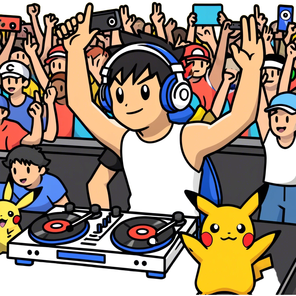 Hot handsome 6ft ash ketchum without a shirt, being a DJ in a zoom meeting for a bunch of pokemon emoji