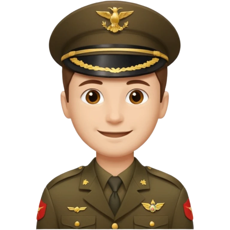 man with short brown hair and fair skin (without a mustache), wearing a brown military uniform, smiling."
 emoji