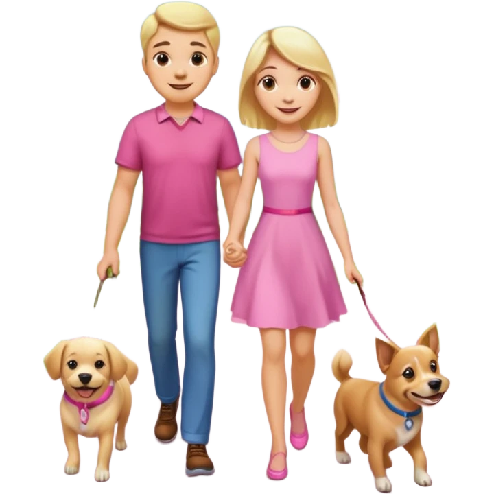 Девушка со светлыми волосами весёлая на прогулке с собакой в парке в розовом платье и с парнем emoji