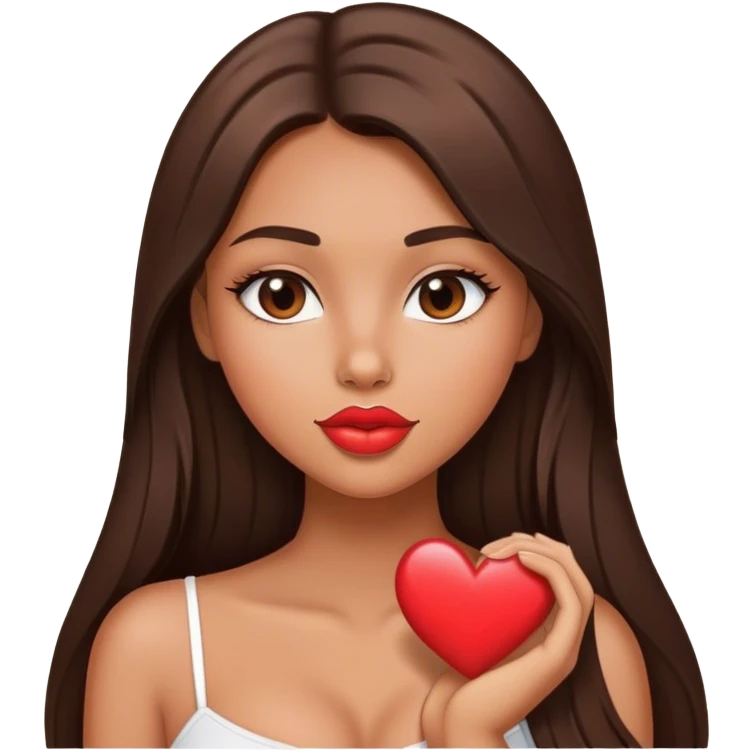 tanned beautiful girl with pump lips and brunette straight long hair showing heart emoji