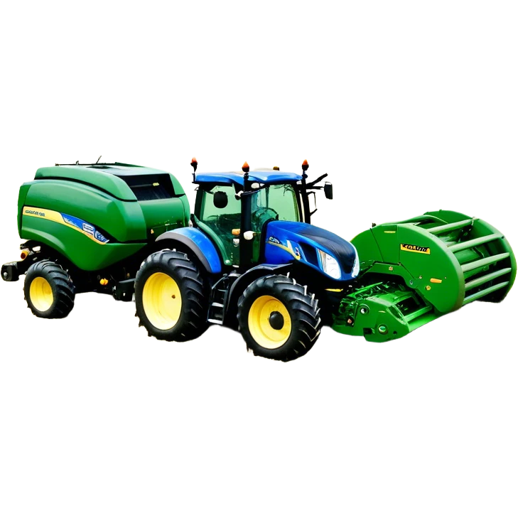 Baler – New Holland Roll-Belt 560 (2018) – Cinematic-realistic John Deere 6155M tractor towing a New Holland Roll-Belt 560 baler, its deep green body contrasting with the bright blue baler. The massive machine moves steadily through golden fields, compressing freshly cut hay into tight round bales, while dust swirls under the blazing afternoon sun. emoji