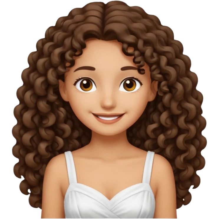 Light tanned skin girl with dark brown very long curly hair, dark eyes, white dress emoji