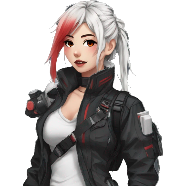 Gorgeous techwear anime style lady with blushing face aesthetic and pretty edgy black red white punk messy hair with collar and harness trending style emoji