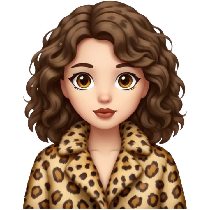 Brunette girl with wavy hair in leopard fur coat  emoji