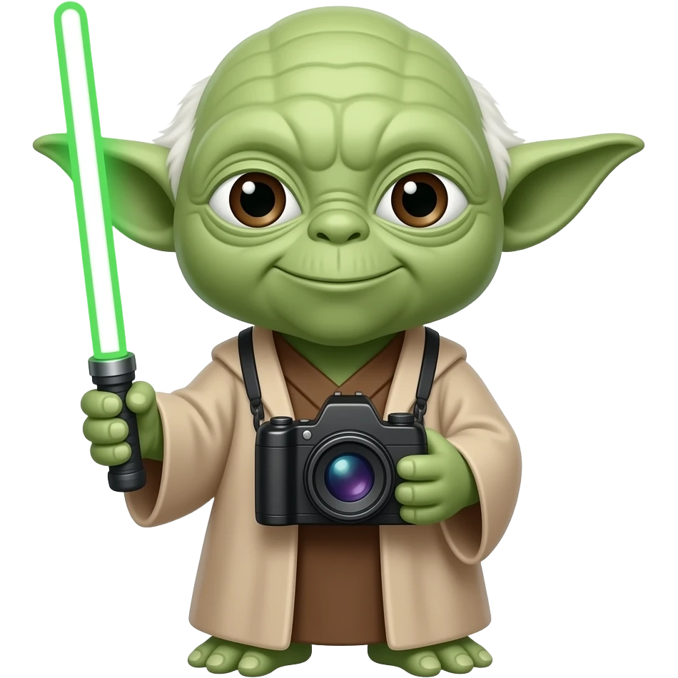 maitre yoda debout avec sabre laser  et appareil photo emoji