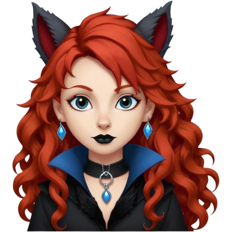  long curly red hair (darker), red pointed ears with black trim, black goth outfits, body and face human, blue eyes, more pointy chin, black lipstick, one big fluffy red squirrel tail with black tips, like the attached photo with more outfits and poses,  emoji