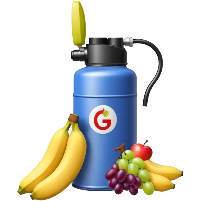 gasoline canister surrounded by a banana, an apple, and grapes, fuel can with fruits arranged around it emoji