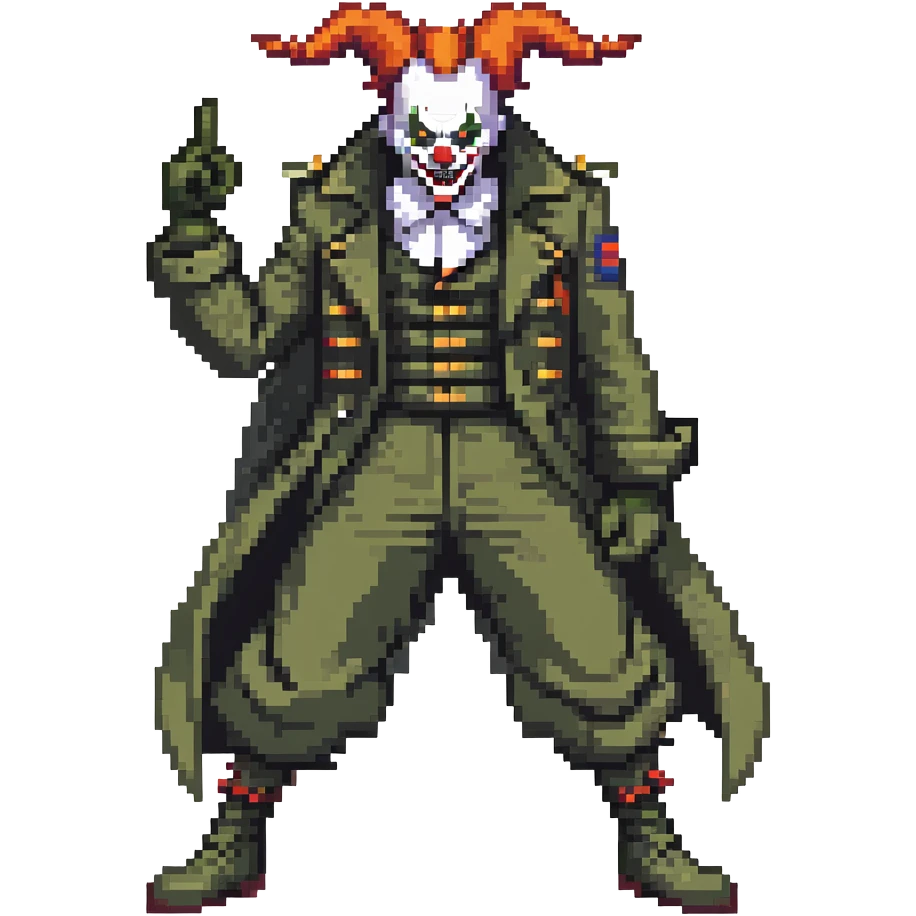 evil clown soldier, bald, small black horns on forehead, fangs, pointed ears, eye patch over one eye, long coat over black and military green clothes with bellbottom pants, tail, realistically proportioned, less bulky, full body, fighting stance emoji