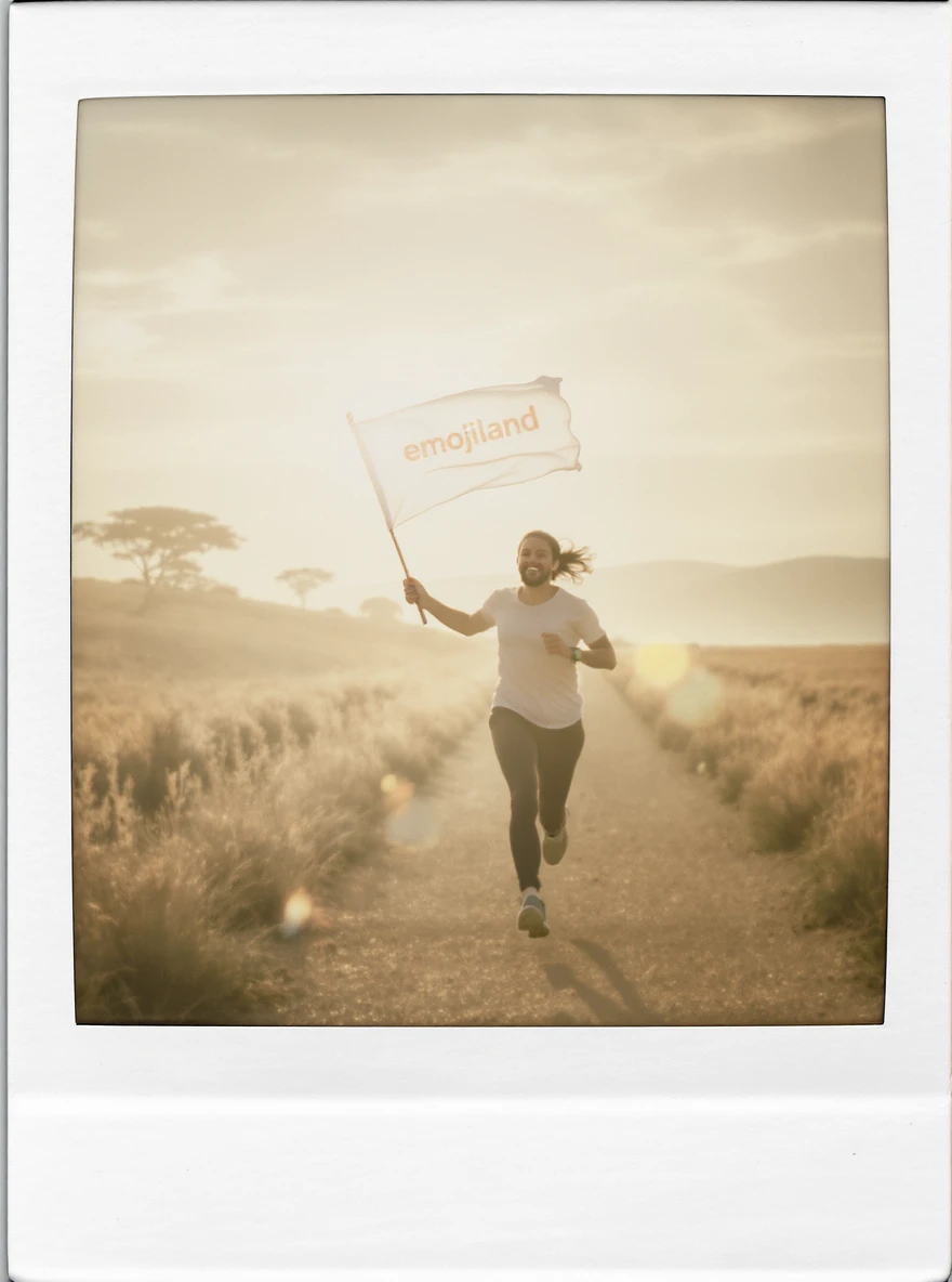 happy runner waving a flag that says 'emojiland' emoji