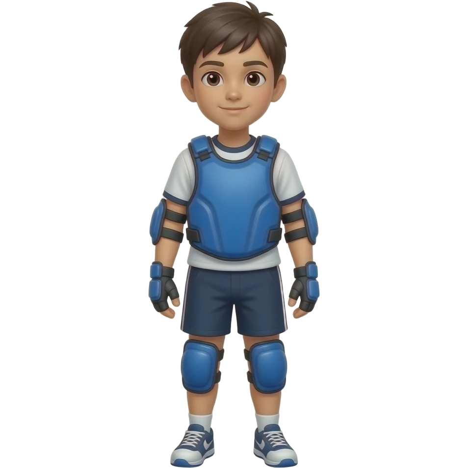 Child standing upright, blue protective pads with identical placement, neutral face, clean sporty silhouette.
 emoji