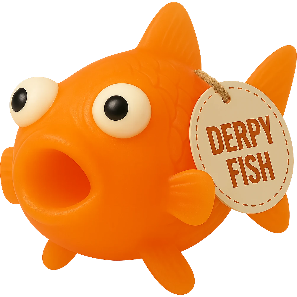 Make the Derpy Fish bright orange with a similar level of color and transparency as the provided reference images. Keep it somewhat transparent, not too transparent, with a retro 90's toy look. The fish should have derpy eyes, appear soft plastic, soft reflections, soft and squishy texture, some cloudiness, not shiny, highly detailed, and appealing. Include the 'DERPY FISH' tag. No background. Match the color and transparency to the reference images as closely as possible. emoji