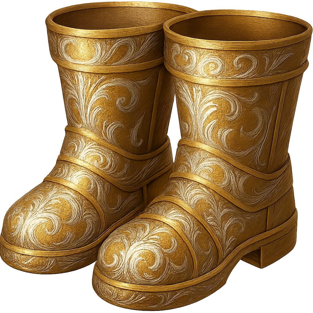Recolor these boots to a rich, metallic plated gold color with ornate engravings inlaid with bright, reflective silver. Keep the exact shape and proportions of the original boots. The background should be transparent. The style should maintain the original look of the boots. emoji