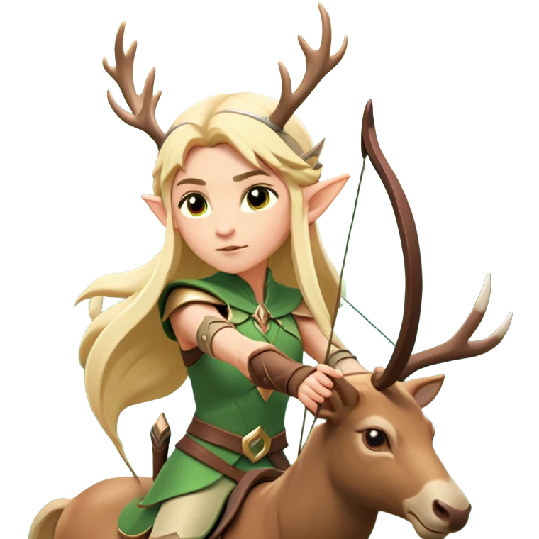 clash-of-clans-aesthetic-blond-elf-archer-portrait-emoji, rendered in a flat, vector-style with minimal shading and bold, simplified shapes, head tilted slightly forward with a determined, focused expression, riding a majestic stag whose luminous antlers glow with mystical energy, set against an ancient, enchanted forest backdrop. emoji