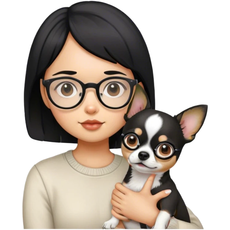 girl whit short black hair wear glasses and hold a chihwahwa dog emoji