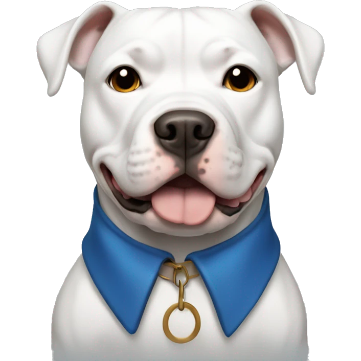 White pitbull with brown eyes and black ears wearing a blue collar emoji