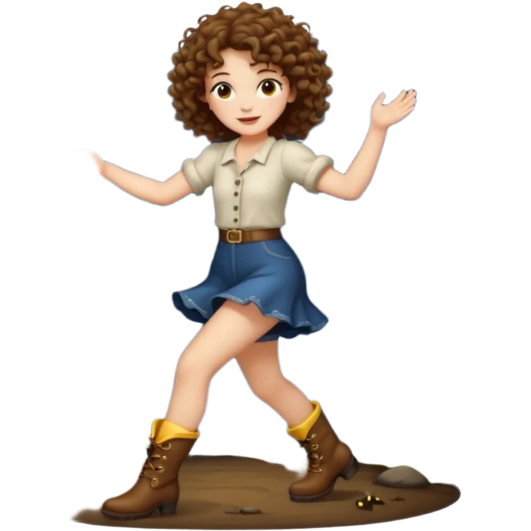 full body woman short curly brown mullet hair brown eyes white skin dancing with fireflies around boots emoji