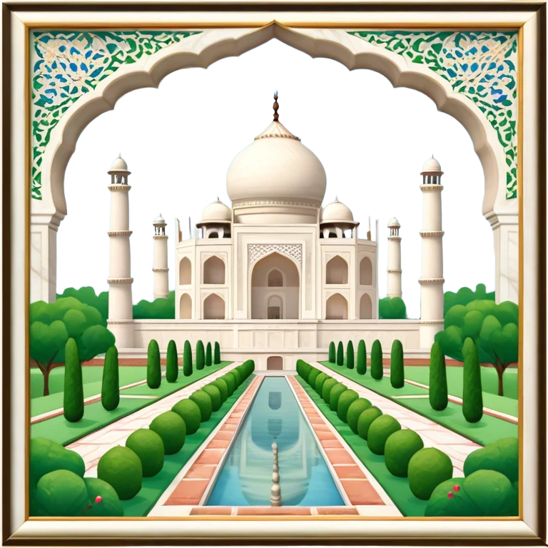 Cinematic Realistic Taj Mahal Landmark Emoji, depicted as the iconic marble mausoleum set amidst lush gardens rendered with intricate detail and ethereal, soft lighting. emoji
